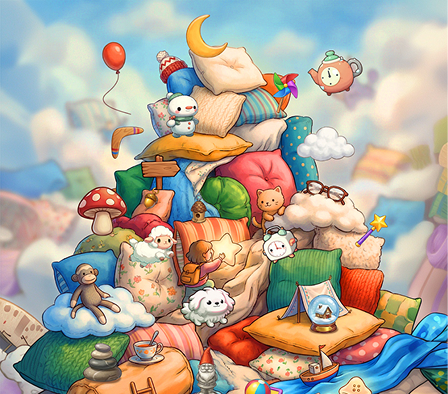 Whimsical dream scene with characters on clouds